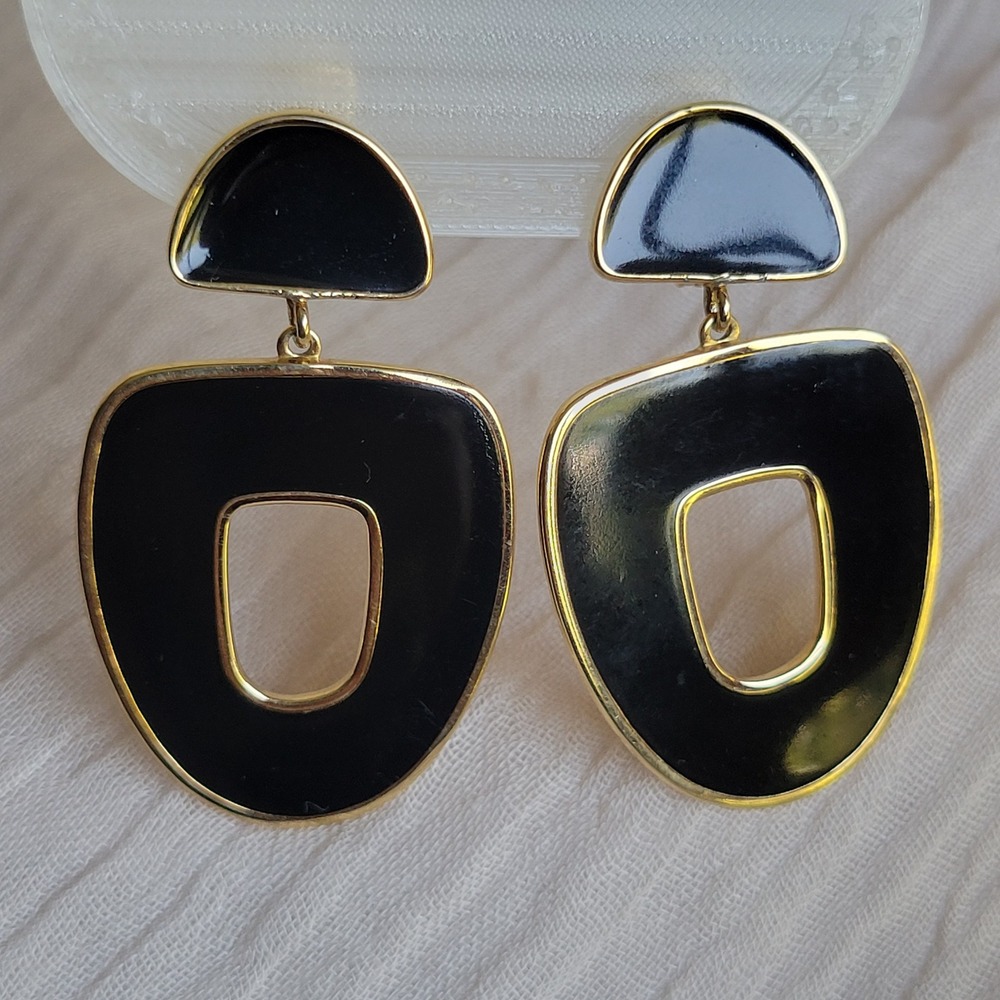 Vintage 1990s Monet Doorknocker Earrings Black Enamel Mod Statement